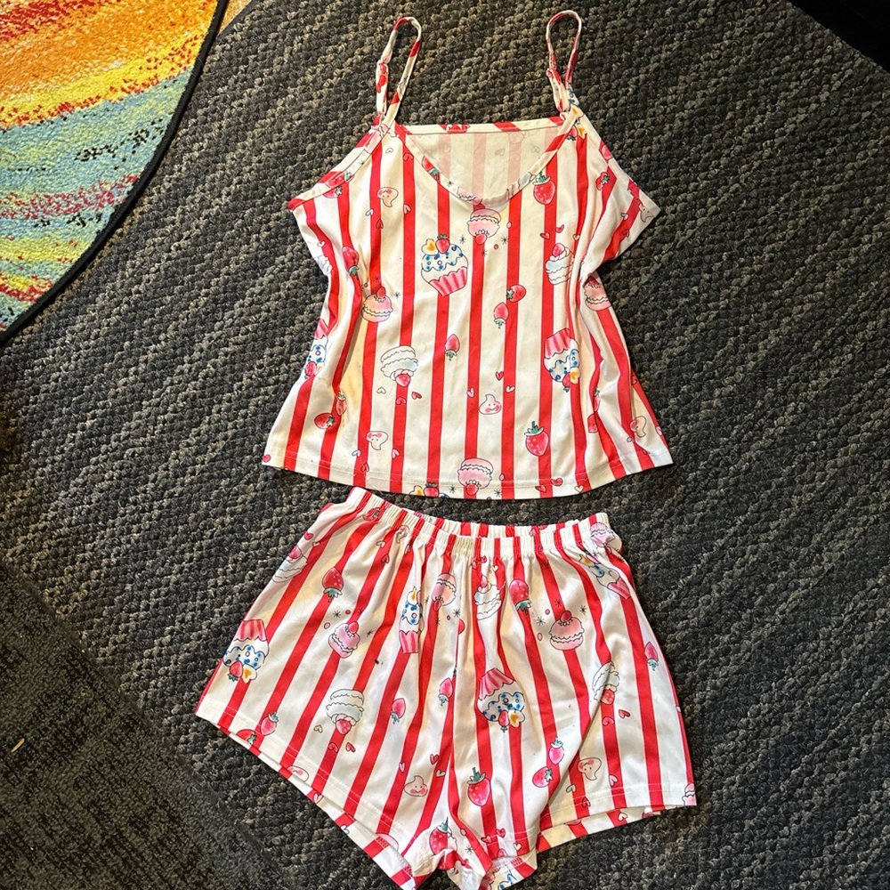 Striped Red and White Women's Pajama Set With Cupcakes